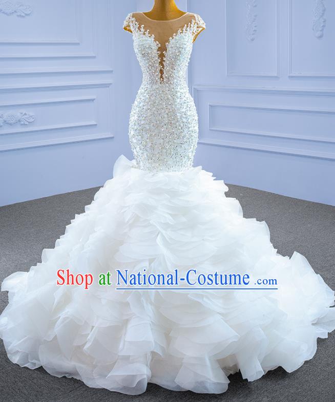 Custom Bride Trailing Full Dress Stage Show Costume Luxury Fishtail Bridal Gown Vintage Embroidery Beads Wedding Dress Ceremony Formal Garment