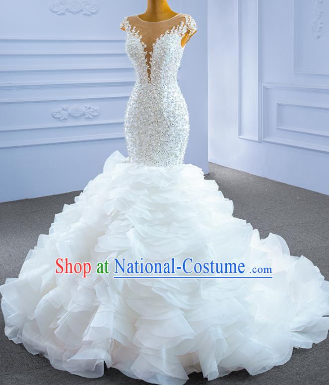 Custom Bride Trailing Full Dress Stage Show Costume Luxury Fishtail Bridal Gown Vintage Embroidery Beads Wedding Dress Ceremony Formal Garment