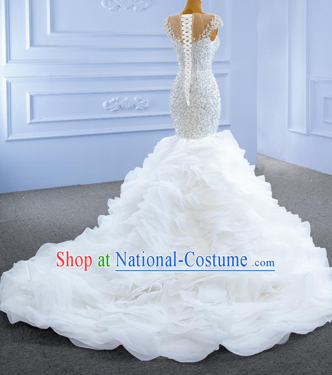 Custom Bride Trailing Full Dress Stage Show Costume Luxury Fishtail Bridal Gown Vintage Embroidery Beads Wedding Dress Ceremony Formal Garment