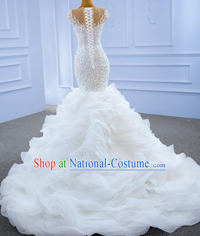 Custom Bride Trailing Full Dress Stage Show Costume Luxury Fishtail Bridal Gown Vintage Embroidery Beads Wedding Dress Ceremony Formal Garment