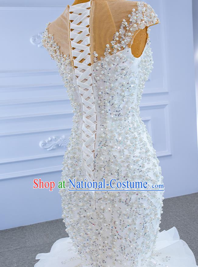 Custom Bride Trailing Full Dress Stage Show Costume Luxury Fishtail Bridal Gown Vintage Embroidery Beads Wedding Dress Ceremony Formal Garment