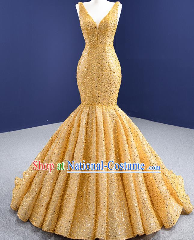 Custom Ceremony Formal Garment Bride Golden Fishtail Full Dress Stage Show Costume Luxury Bridal Gown Vintage Embroidery Sequins Wedding Dress