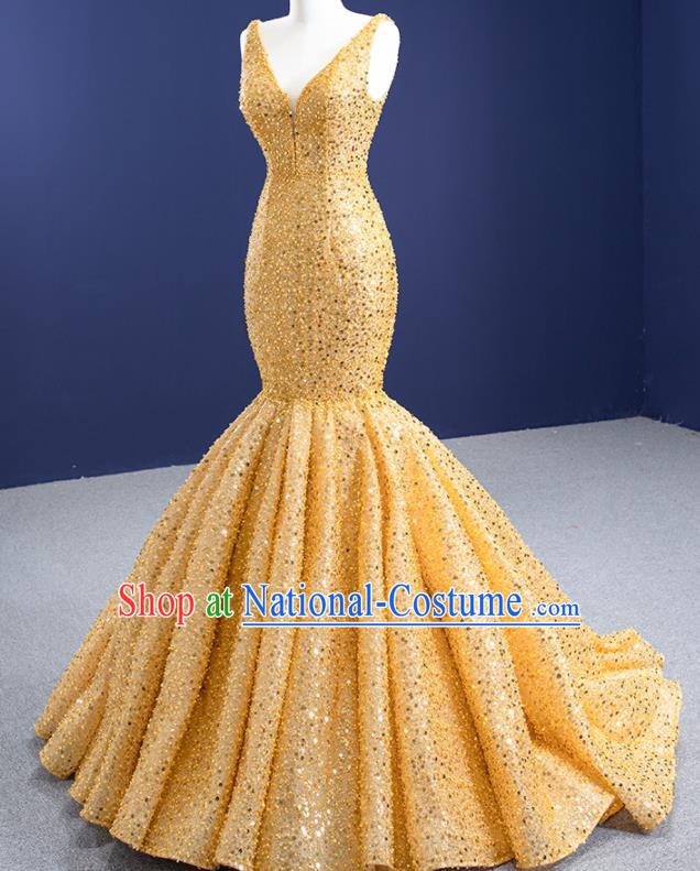 Custom Ceremony Formal Garment Bride Golden Fishtail Full Dress Stage Show Costume Luxury Bridal Gown Vintage Embroidery Sequins Wedding Dress