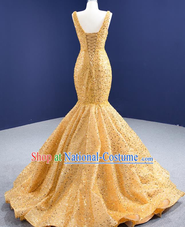 Custom Ceremony Formal Garment Bride Golden Fishtail Full Dress Stage Show Costume Luxury Bridal Gown Vintage Embroidery Sequins Wedding Dress