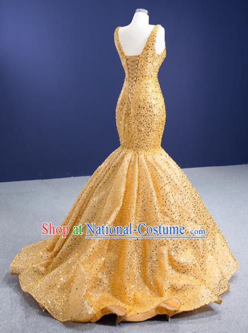 Custom Ceremony Formal Garment Bride Golden Fishtail Full Dress Stage Show Costume Luxury Bridal Gown Vintage Embroidery Sequins Wedding Dress