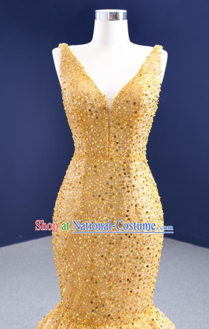 Custom Ceremony Formal Garment Bride Golden Fishtail Full Dress Stage Show Costume Luxury Bridal Gown Vintage Embroidery Sequins Wedding Dress