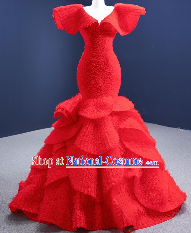 Custom Luxury Compere Clothing Vintage Red Wedding Dress Ceremony Formal Garment Bride Fishtail Full Dress Stage Show Costume