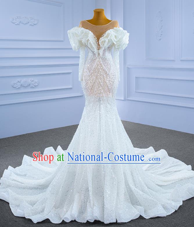 Custom Bride Embroidery Beads Full Dress Stage Show Costume Luxury Compere Clothing Vintage White Trailing Wedding Dress Ceremony Formal Garment