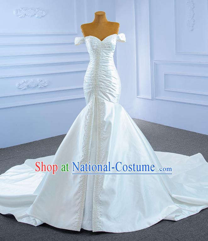 Custom Vintage White Satin Trailing Wedding Dress Ceremony Formal Garment Bride Embroidery Pearls Full Dress Stage Show Costume Luxury Compere Clothing