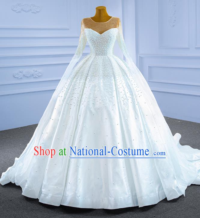 Custom Luxury Compere Clothing Vintage White Trailing Wedding Dress Ceremony Formal Garment Bride Embroidery Pearls Full Dress Stage Show Costume