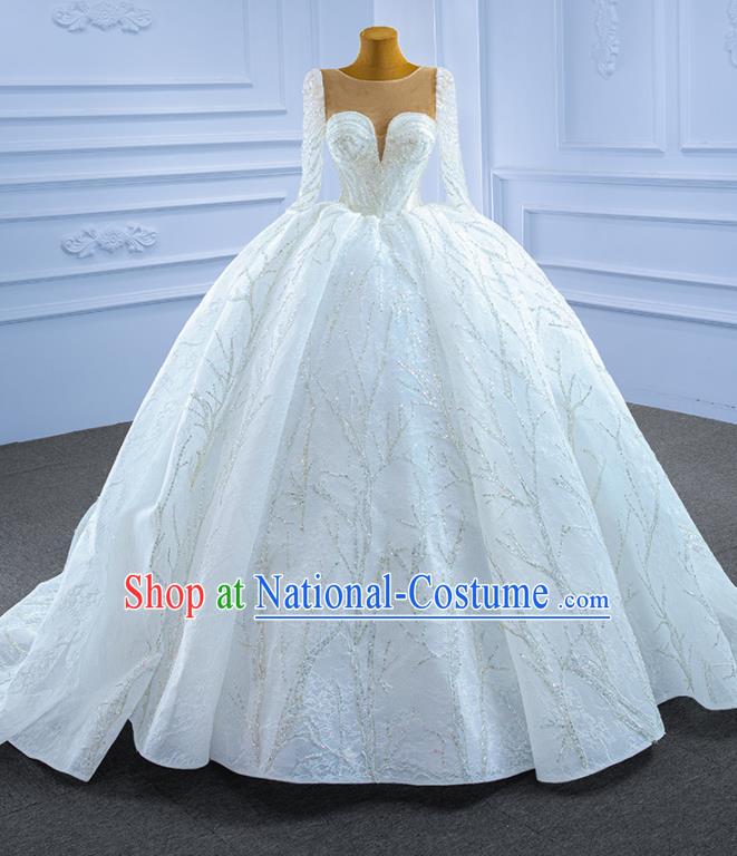 Custom Stage Show Costume Compere Clothing Vintage Luxury Trailing Wedding Dress Ceremony Formal Garment Bride Embroidery Sequins Full Dress