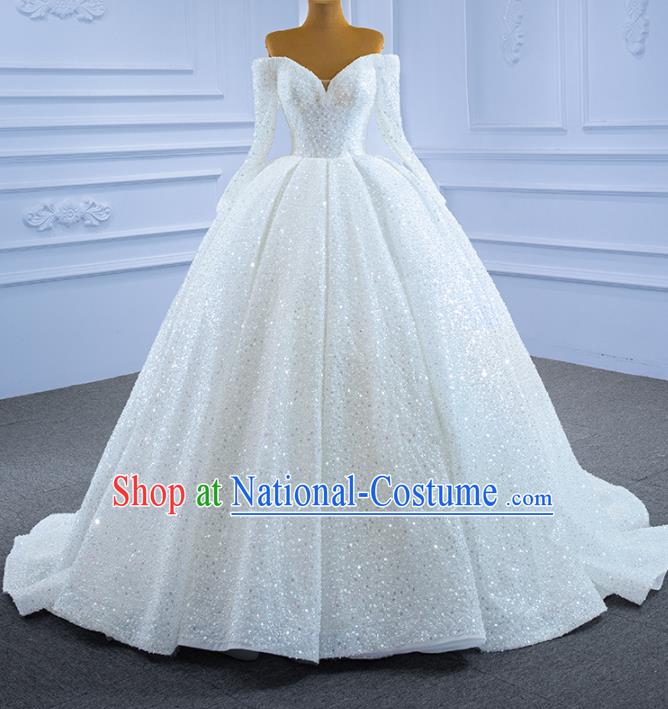 Custom Ceremony Formal Garment Bride Trailing Full Dress Stage Show Costume Compere Clothing Vintage Luxury Embroidery Sequins Wedding Dress