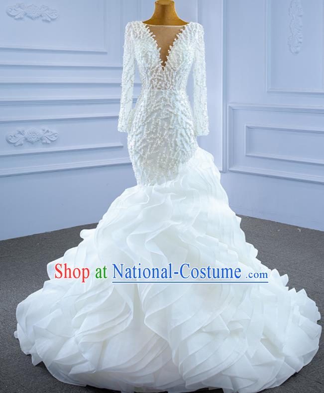 Custom Compere Stage Clothing Vintage Luxury White Flowers Trailing Wedding Dress Marriage Ceremony Formal Garment Bride Embroidery Pearls Full Dress Catwalks Costume