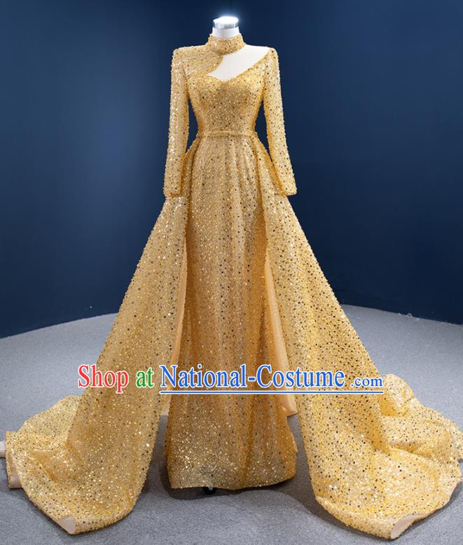 Custom Vintage Luxury Embroidery Sequins Wedding Dress Ceremony Formal Garment Bride Golden Trailing Full Dress Stage Show Costume Compere Clothing