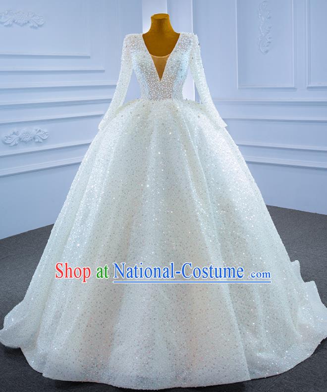 Custom Marriage Ceremony Formal Garment Bride Vintage Embroidery Pearls Full Dress Catwalks Costume Compere Stage Clothing Luxury White Trailing Wedding Dress