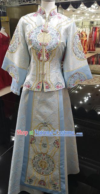 China Traditional Embroidery Xiuhe Suits Ancient Bride Attire Clothing Wedding Garment Costumes Light Blue Dress Outfits