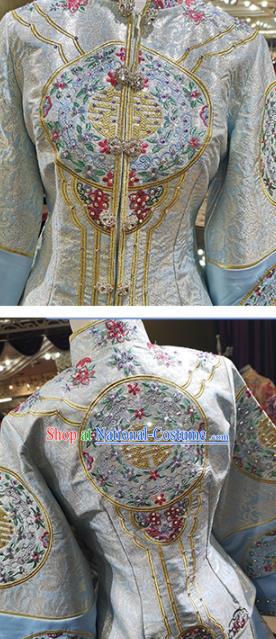 China Traditional Embroidery Xiuhe Suits Ancient Bride Attire Clothing Wedding Garment Costumes Light Blue Dress Outfits