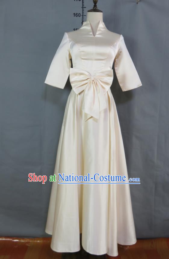 Top Women Chorus Garment Costume Annual Meeting Performance Clothing Bridesmaid Beige Satin Full Dress Compere Formal Attire