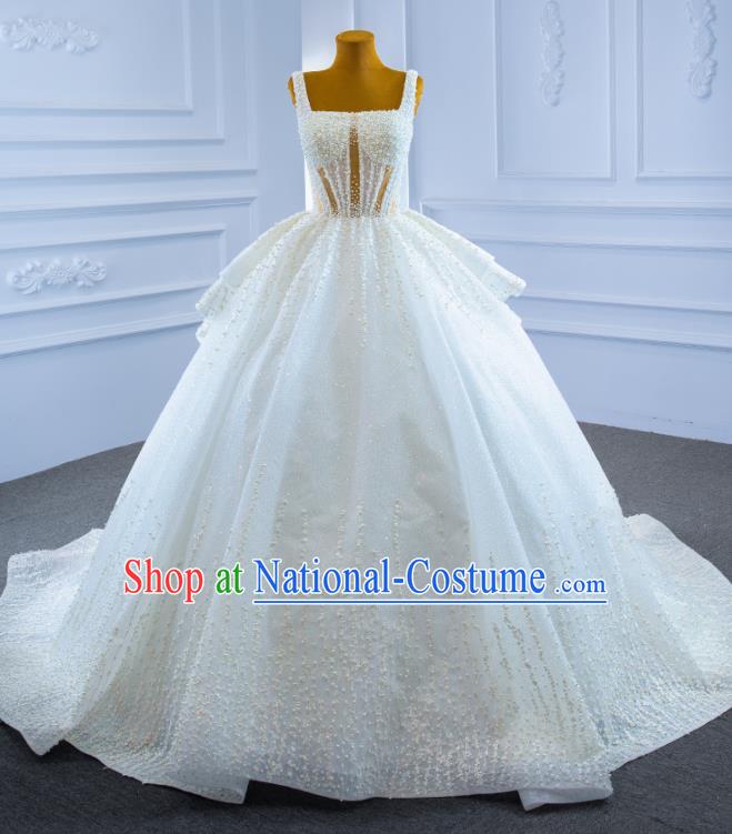 Custom Luxury Trailing Wedding Dress Ceremony Formal Garment Marriage Bride Embroidery Pearls Full Dress Catwalks Costume Compere Vintage Clothing