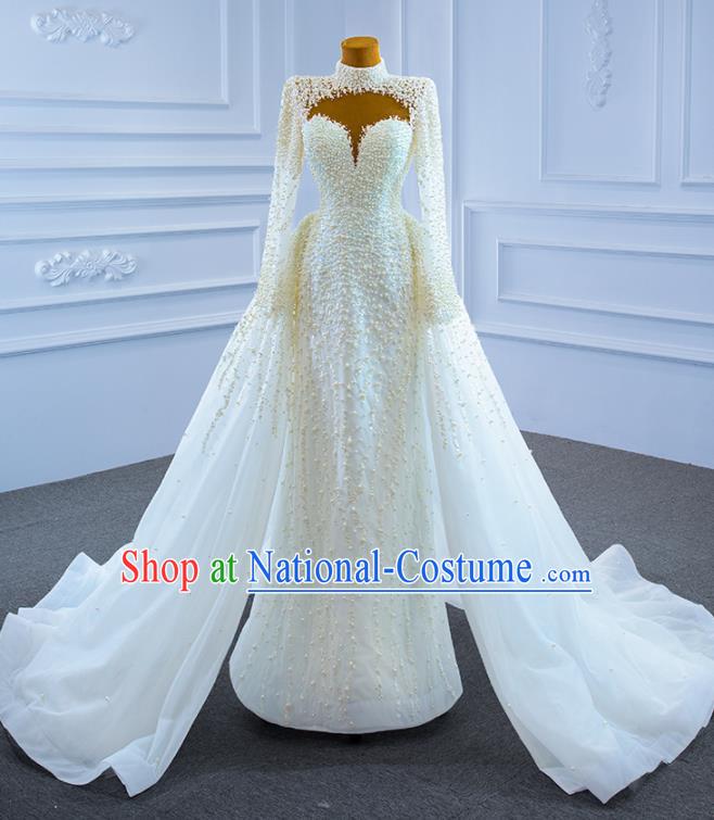 Custom Compere Vintage Clothing Luxury Embroidery Pearls Wedding Dress Ceremony Formal Garment Marriage Bride Full Dress Catwalks Costume