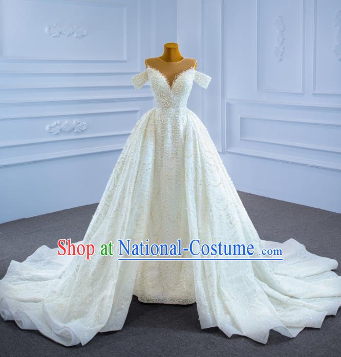 Custom Catwalks Costume Compere Vintage Clothing Luxury Embroidery Pearls Wedding Dress Ceremony Formal Garment Marriage Bride Trailing Full Dress