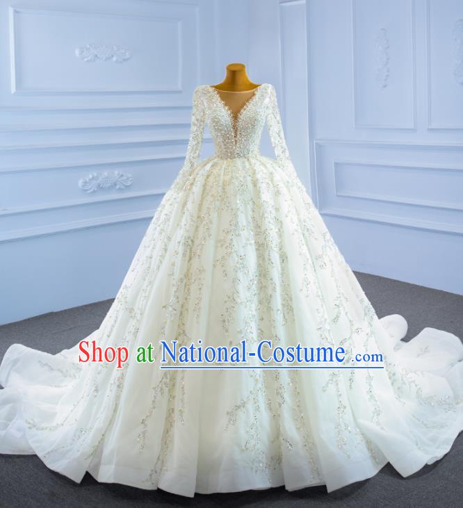 Custom Marriage Bride Trailing Full Dress Catwalks Formal Costume Compere Vintage Clothing Luxury Embroidery Pearls Wedding Dress Ceremony Garment