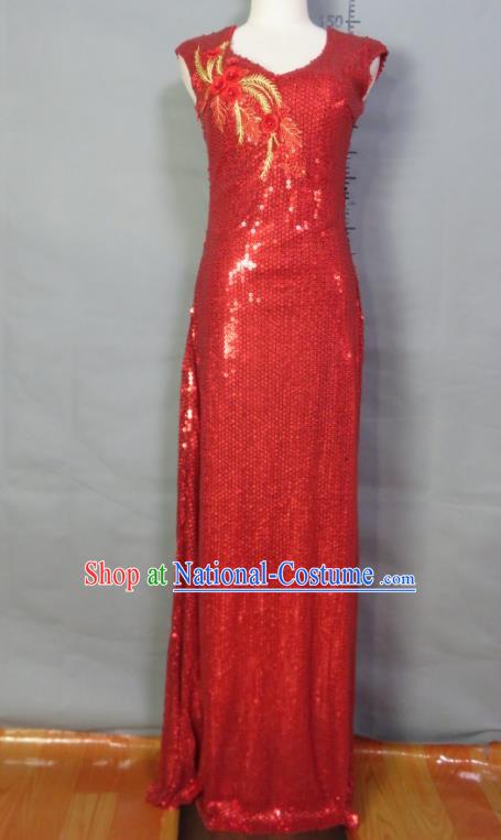 Top Compere Formal Attire Women Chorus Performance Garment Costume Annual Meeting Catwalks Clothing Bridesmaid Red Sequins Full Dress