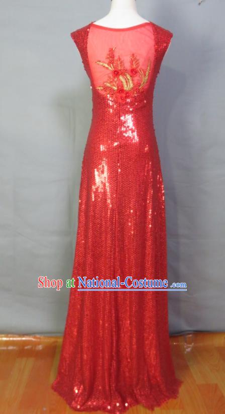 Top Compere Formal Attire Women Chorus Performance Garment Costume Annual Meeting Catwalks Clothing Bridesmaid Red Sequins Full Dress