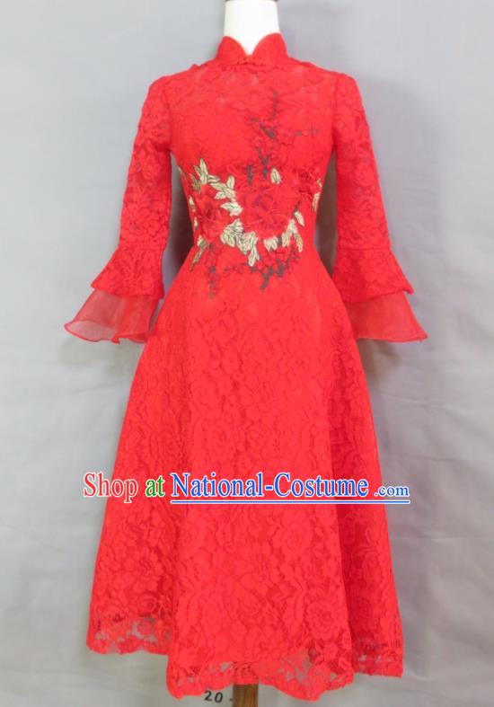 China Bride Toasting Clothing Wedding Garment Costumes Classical Red Lace Cheongsam Traditional Short Qipao Dress