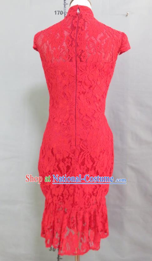 China Traditional Fishtail Qipao Dress Bride Toasting Clothing Wedding Garment Costumes Classical Red Lace Cheongsam