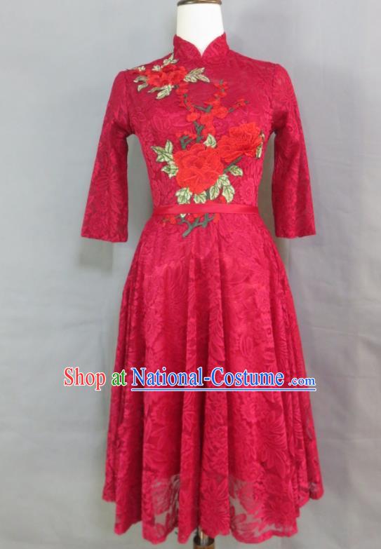 China Classical Wine Red Lace Cheongsam Traditional Embroidery Peony Qipao Dress Bride Toasting Clothing Wedding Garment Costumes