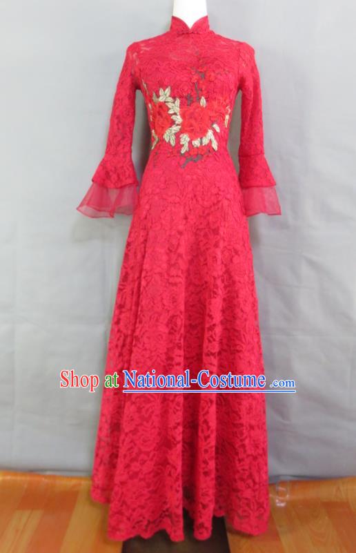 China Bride Toasting Clothing Wedding Garment Costumes Classical Red Lace Long Cheongsam Traditional Embroidery Peony Qipao Dress