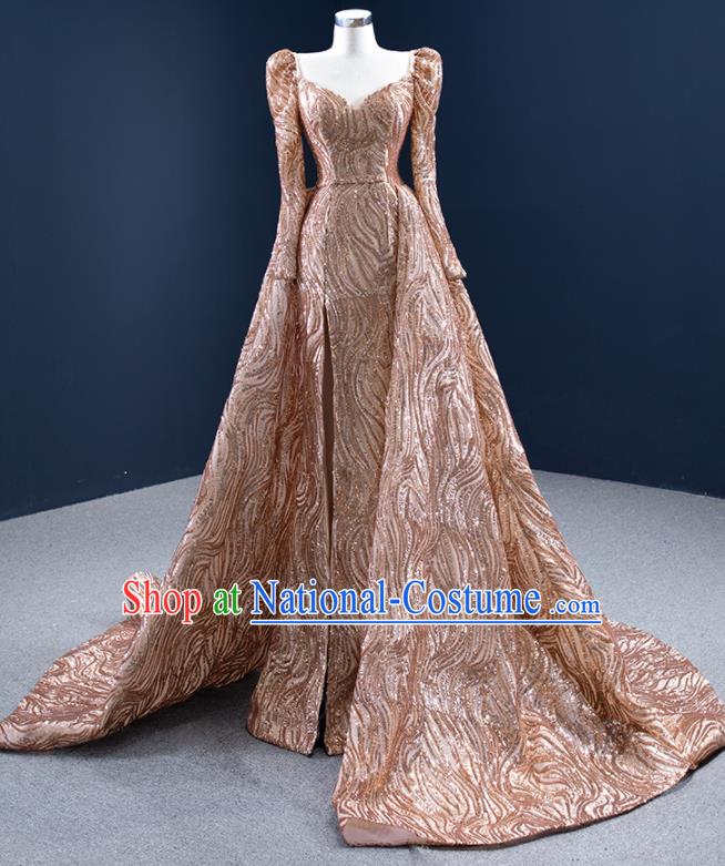 Custom Ceremony Garment Marriage Bride Golden Trailing Full Dress Catwalks Formal Costume Compere Vintage Clothing Luxury Wedding Dress