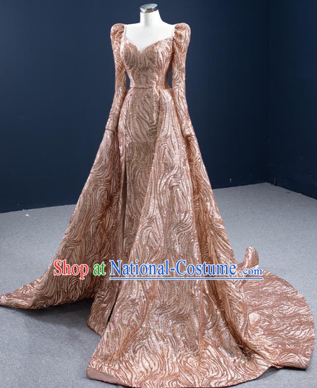 Custom Ceremony Garment Marriage Bride Golden Trailing Full Dress Catwalks Formal Costume Compere Vintage Clothing Luxury Wedding Dress