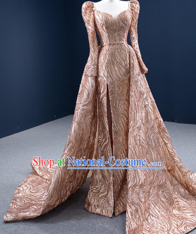 Custom Ceremony Garment Marriage Bride Golden Trailing Full Dress Catwalks Formal Costume Compere Vintage Clothing Luxury Wedding Dress