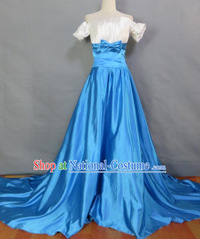 Top Bridesmaid Blue Satin Full Dress Compere Formal Attire Women Chorus Performance Garment Costume Annual Meeting Catwalks Clothing