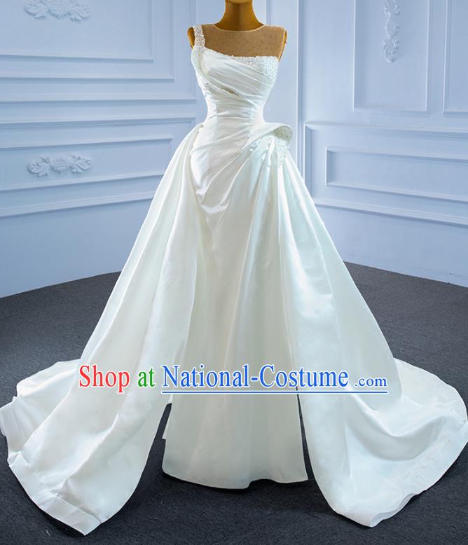 Custom Luxury Embroidery Pearls Wedding Dress Ceremony Garment Marriage Bride White Satin Trailing Full Dress Catwalks Formal Costume Compere Vintage Clothing