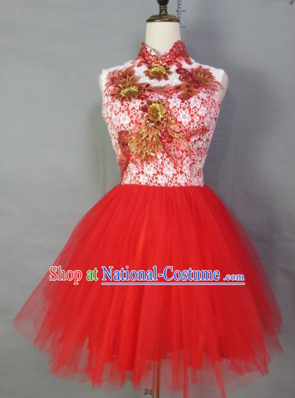 Custom Modern Dance Fashion Costume Bride Red Veil Full Dress Embroidery Lace Wedding Dress Photography Clothing