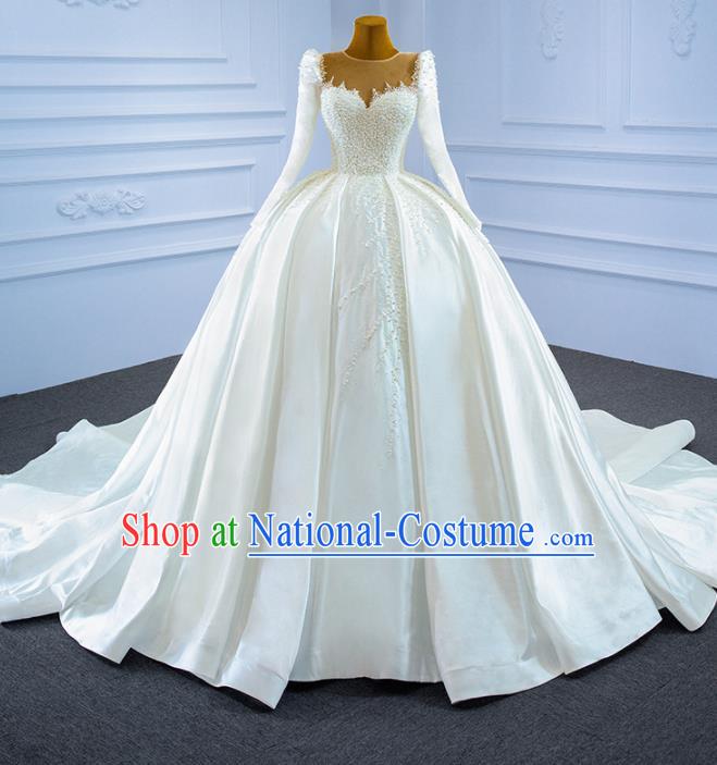 Custom Compere Vintage Clothing Luxury Embroidery Pearls Wedding Dress Ceremony Garment Marriage Bride White Satin Trailing Full Dress Catwalks Formal Costume