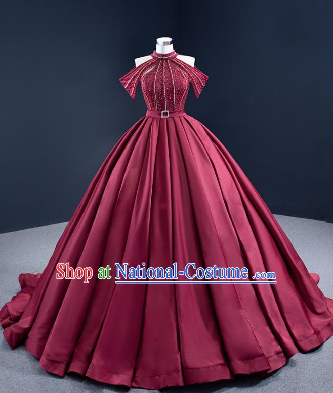 Custom Catwalks Formal Costume Compere Vintage Clothing Luxury Wedding Dress Ceremony Garment Marriage Bride Wine Red Trailing Full Dress