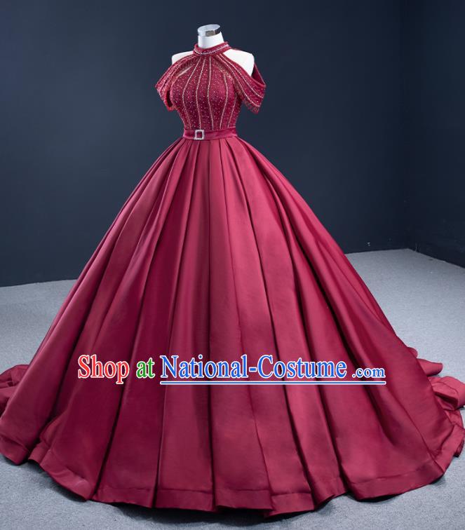 Custom Catwalks Formal Costume Compere Vintage Clothing Luxury Wedding Dress Ceremony Garment Marriage Bride Wine Red Trailing Full Dress