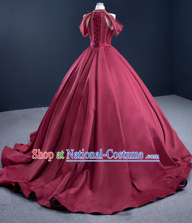 Custom Catwalks Formal Costume Compere Vintage Clothing Luxury Wedding Dress Ceremony Garment Marriage Bride Wine Red Trailing Full Dress