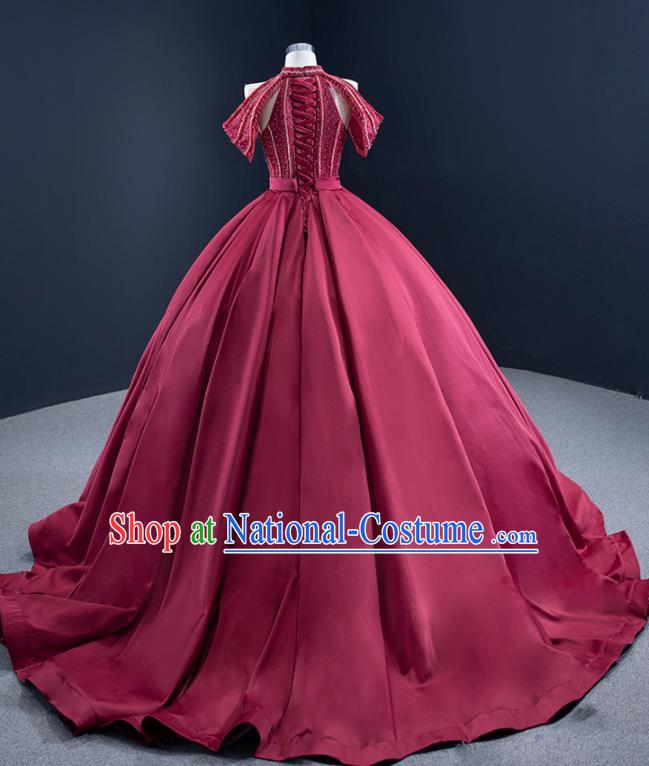 Custom Catwalks Formal Costume Compere Vintage Clothing Luxury Wedding Dress Ceremony Garment Marriage Bride Wine Red Trailing Full Dress