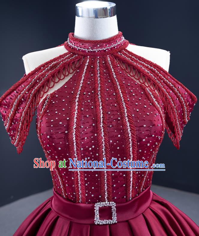 Custom Catwalks Formal Costume Compere Vintage Clothing Luxury Wedding Dress Ceremony Garment Marriage Bride Wine Red Trailing Full Dress