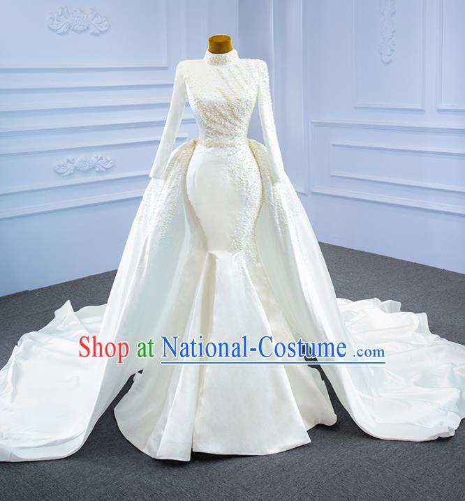 Custom Marriage Bride White Satin Fishtail Full Dress Catwalks Formal Costume Compere Vintage Clothing Luxury Wedding Dress Ceremony Garment