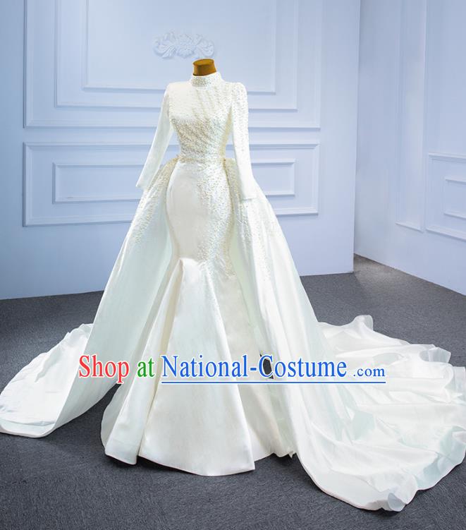 Custom Marriage Bride White Satin Fishtail Full Dress Catwalks Formal Costume Compere Vintage Clothing Luxury Wedding Dress Ceremony Garment