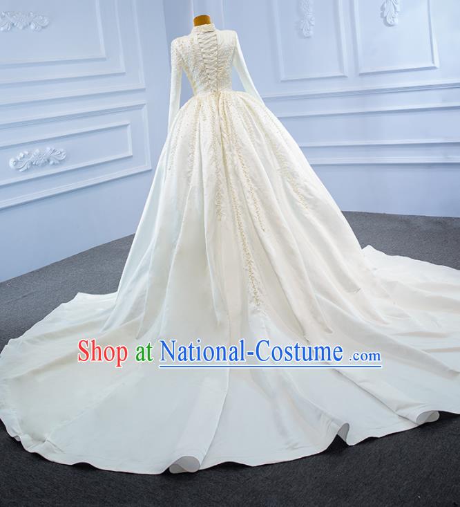 Custom Marriage Bride White Satin Fishtail Full Dress Catwalks Formal Costume Compere Vintage Clothing Luxury Wedding Dress Ceremony Garment