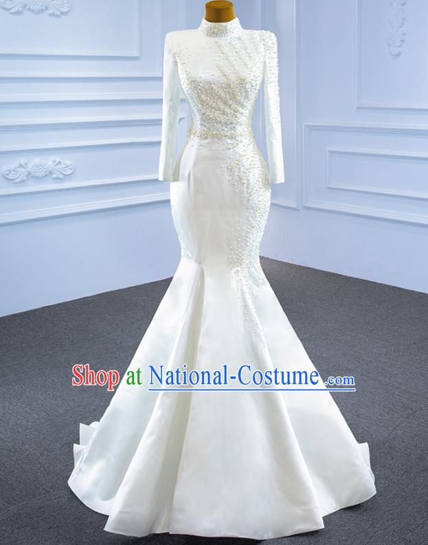 Custom Marriage Bride White Satin Fishtail Full Dress Catwalks Formal Costume Compere Vintage Clothing Luxury Wedding Dress Ceremony Garment