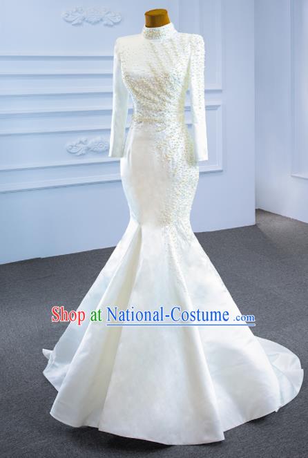 Custom Marriage Bride White Satin Fishtail Full Dress Catwalks Formal Costume Compere Vintage Clothing Luxury Wedding Dress Ceremony Garment