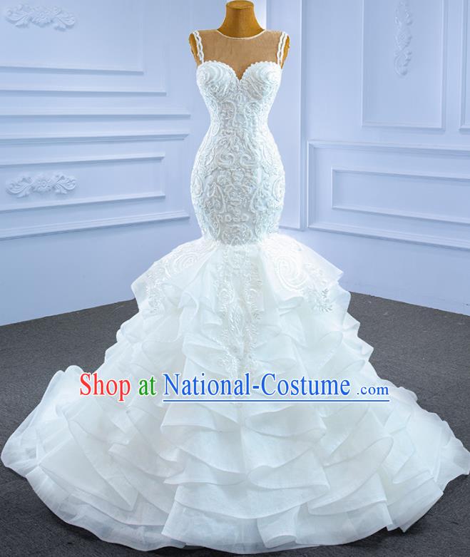 Custom Stage Show Costume Compere Clothing Vintage Luxury Fishtail Wedding Dress Ceremony Formal Garment Bride Embroidery Lace Full Dress